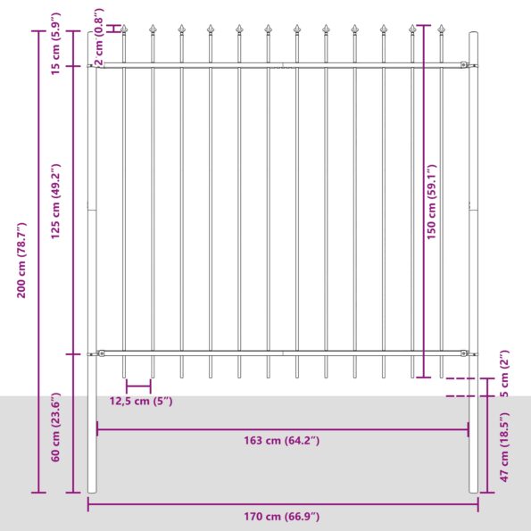 vidaXL Záhradný plot s hrotmi Šedý 1,7x1,5 m Oceľ – Obrázok 6
