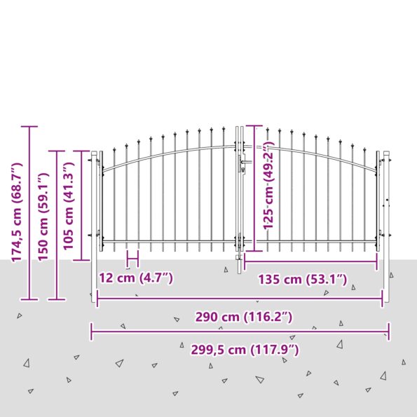 vidaXL Záhradná brána so špicatým vrcholom sivá 125x300 cm oceľ – Obrázok 7