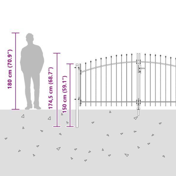 vidaXL Záhradná brána so špicatým vrcholom sivá 125x300 cm oceľ – Obrázok 8