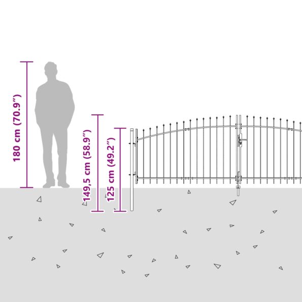 vidaXL Záhradná brána s hrotmi Dvojkrídlová Sivá 100x400 cm Oceľ – Obrázok 8
