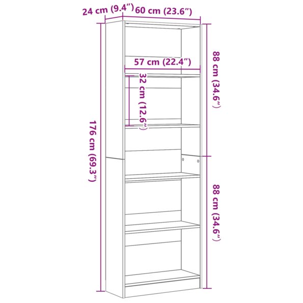vidaXL Čierny dubový knihovník - 60x24x176 cm – Obrázok 9