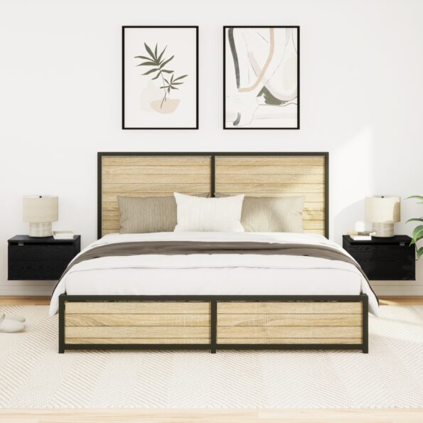 vidaXL Nočné stolíky s LED svetlami 2 ks Nástenné čierne dubové – Obrázok 5