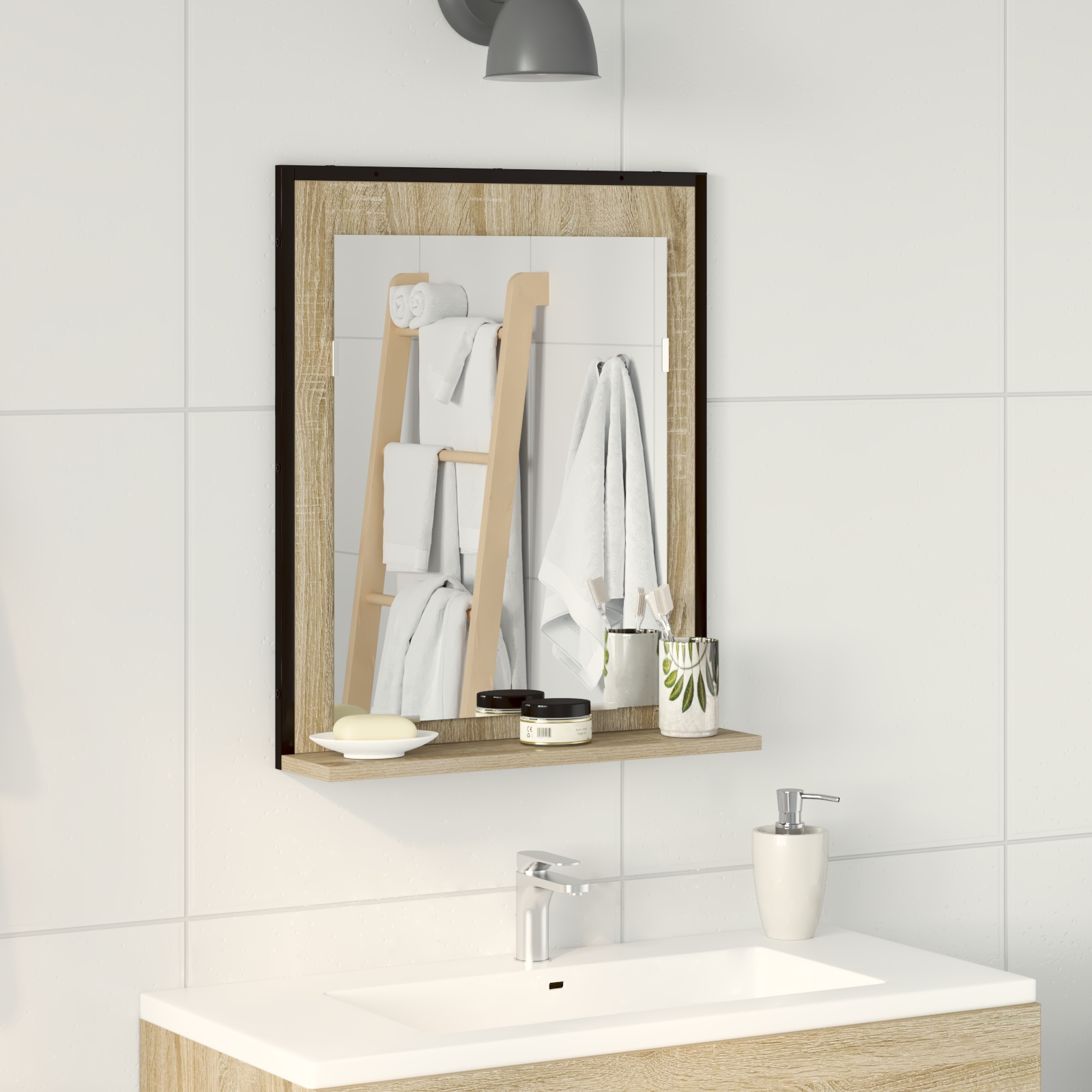 864339_1.jpg vidaXL Kúpeľňové zrkadlo s poličkou Nástenný Čierna 50 x 12 x 60 cm – Obrázok 1
