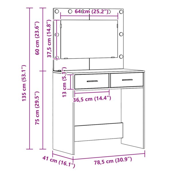 865034_12.jpg Zrkadlový toaletný stolík s LED svetlami Hnedý dub 78,5x41x135 cm – Obrázok 12