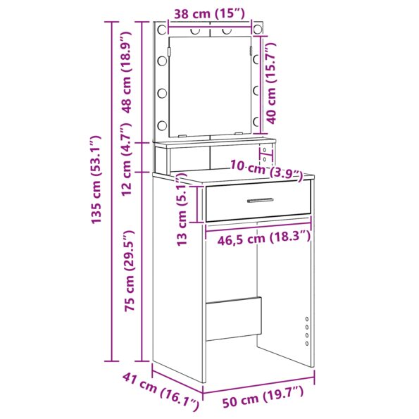 vidaXL Toaletný stolík s LED osvetlením, dymený dub, 50x41x135 cm – Obrázok 13