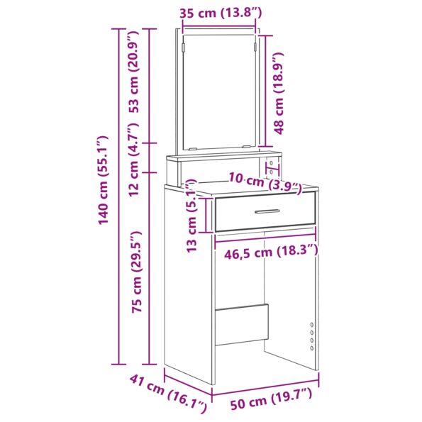 vidaXL Toaletný stolík so zásuvkami, biela, 50x41x140 cm – Obrázok 13
