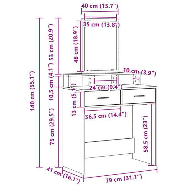vidaXL Toaletný stolík so zásuvkami Betónová šedá 79x41x140 cm – Obrázok 11