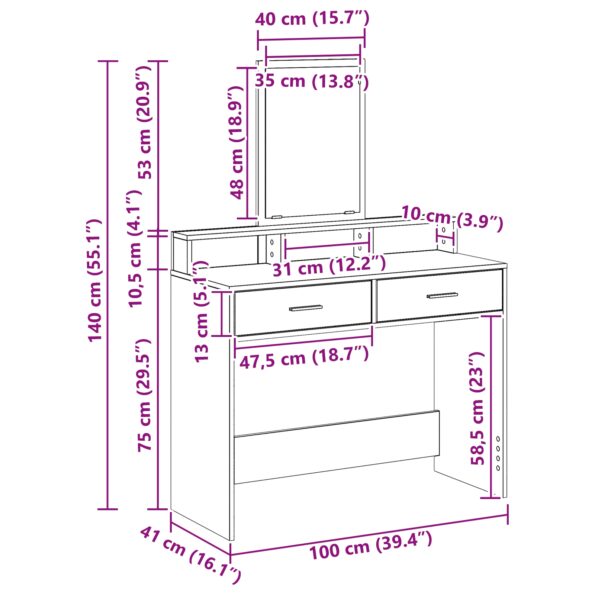 vidaXL Toaletný stolík so zásuvkami Šedý Sonoma 100x41x140 cm – Obrázok 11