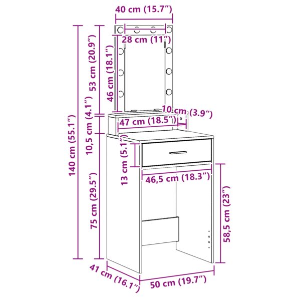 vidaXL Toaletný Stolík s LED Svetlami - Sonoma Dub - 50x41x140 cm – Obrázok 13
