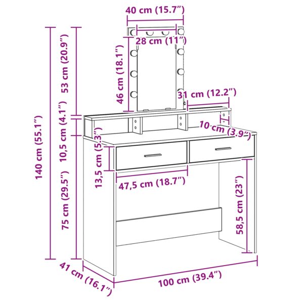 vidaXL Toaletný stolík s LED svetlami Dymený dub 100x41x140 cm – Obrázok 12
