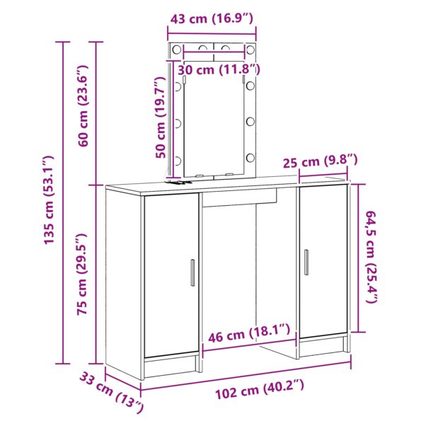 vidaXL toaletný stolík s LED svetlami v Sonoma dube, 102x33x135 cm – Obrázok 12