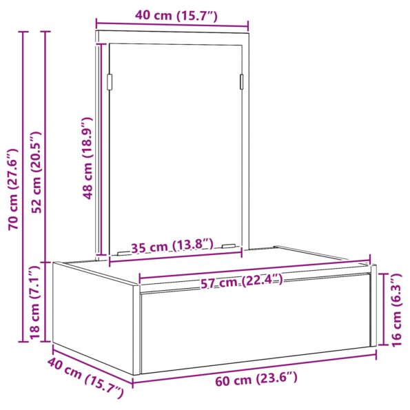 vidaXL Nástenný toaletný stolík Betónová šedá 60x40x70 cm – Obrázok 12