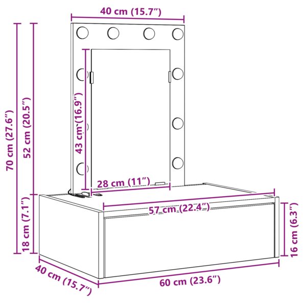 vidaXL Nástenný toaletný stôl s LED svetlami Sonoma dub – Obrázok 11