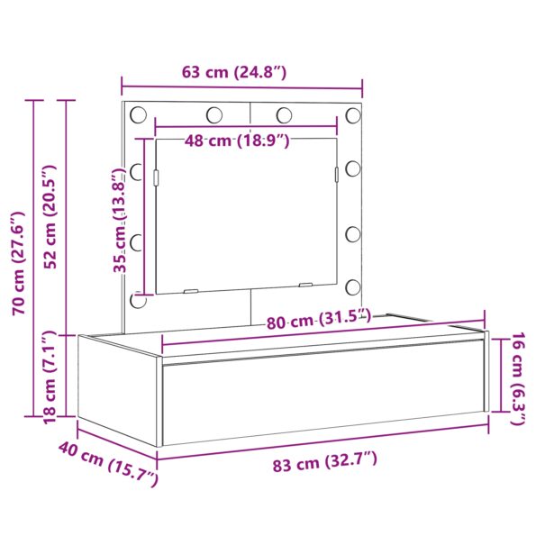 865230_11.jpg vidaXL Nástenný toaletný stolík so LED svetlami z dymového dubu – Obrázok 11