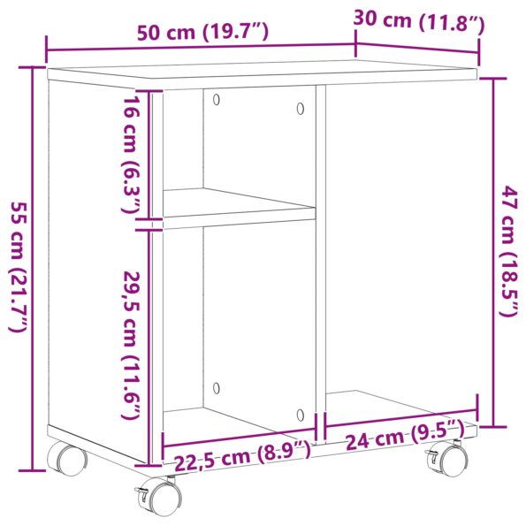 vidaXL Koncový stôl s kolieskami Staré drevo 50x30x55 cm z inžinierovaného dreva – Obrázok 10