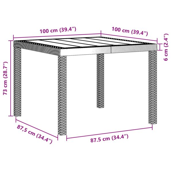 vidaXL Záhradný stôl Hnedá 100 x 100 x 73 cm polyratan – Obrázok 10