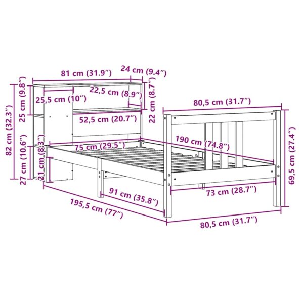 vidaXL Posteľ s knižnicou bez matraca 75x190 cm borovicový masív – Obrázok 11
