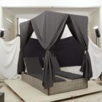 vidaXL Dvojitý slnečník s prístreškom a záclonami Svetlosivý Poly ratan