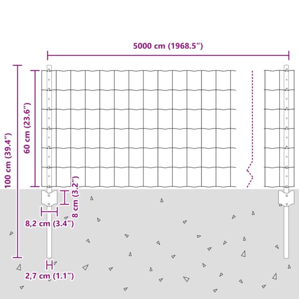 vidaXL Euro Oplotenie s 11 U stĺpmi Strieborné 0.6x50 m Oceľ – Obrázok 10