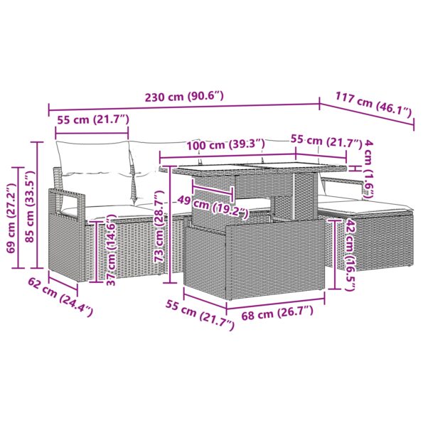 6-dielna súprava záhradných pohoviek s vankúšmi čierny polyratan, 2-miestna záhradná pohovka s vankúšmi čierny polyratan – Obrázok 11