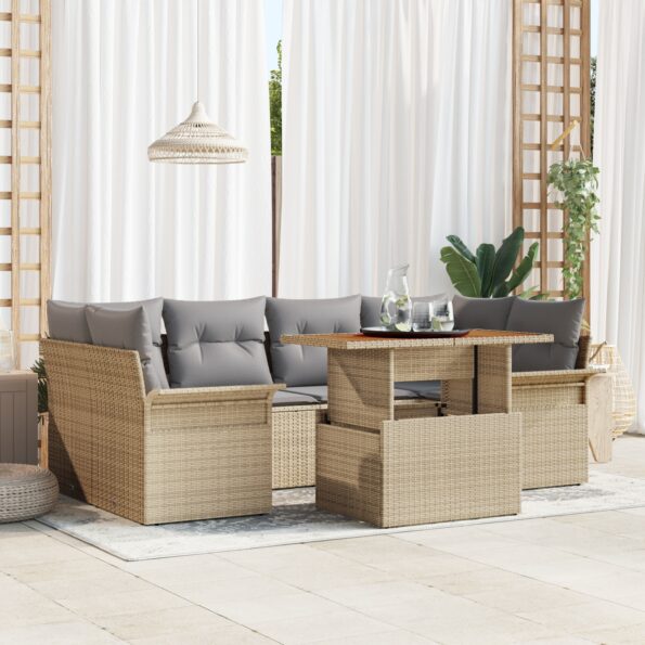 3349286_1.jpg vidaXL 7 kusový záhradný gaučový set s vankúšmi béžový poly ratan acacia – Obrázok 1