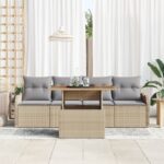 vidaXL 5-dielny záhradný set s vankúšmi Béžový poly ratan akácia – Obrázok 3