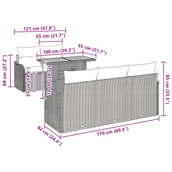 vidaXL 6-dielny záhradný set sedačky s vankúšmi sivý poly ratan akácia – Obrázok 10