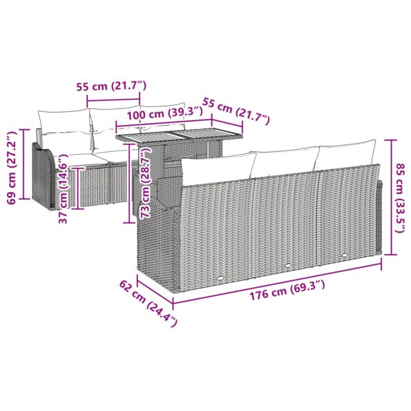 vidaXL 7 kusová záhradná súprava gauča s vankúšmi čierna poly ratan akácia – Obrázok 10