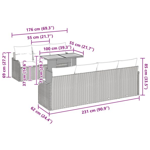 vidaXL 8-dielna súprava na záhradný gauč s béžovými vankúšmi z poly ratanu a akácie – Obrázok 10