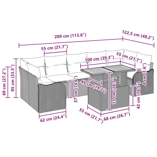 vidaXL 8-dielny záhradný pohovkový set s vankúšmi Béžový Poly Ratan Akácia – Obrázok 11
