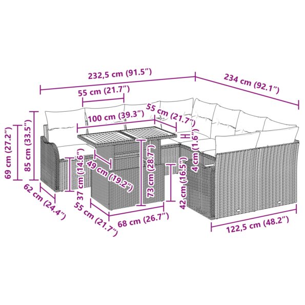 vidaXL 9-dielny záhradný sedací set s vankúšmi sivý poly ratan akácia – Obrázok 11