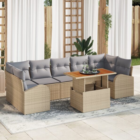 3349552_1.jpg vidaXL 8-dielny záhradný jedálenský set s vankúšmi Béžový Poly Ratan Akácia – Obrázok 1