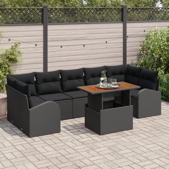 3349554_1.jpg vidaXL 8-dielny záhradný jedálenský set s vankúšmi čierny poly ratan akácie – Obrázok 1
