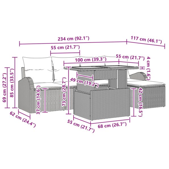 vidaXL 6-dielna záhradná jedálenská súprava s čiernymi vankúšmi z poly ratanu – Obrázok 11