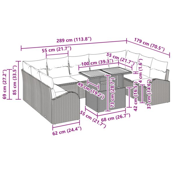 vidaXL 10-dielny záhradný jedálenský set s vankúšmi čierny poly ratan akácia – Obrázok 11