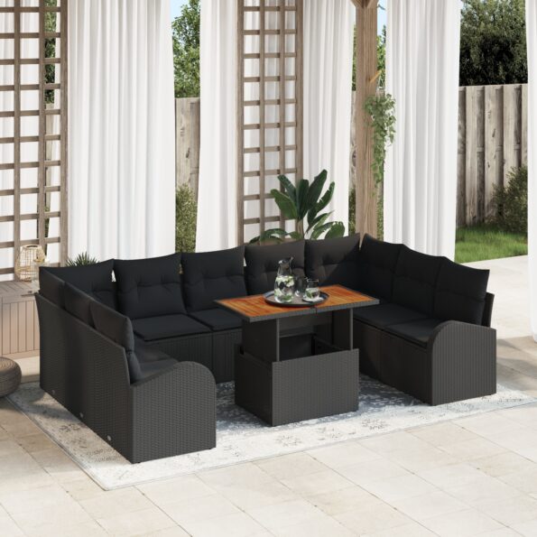 3349631_1.jpg vidaXL 10-dielna súprava s vankúšmi Čierny poly ratan Acacia – Obrázok 1