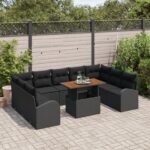 vidaXL 10-dielna súprava s vankúšmi Čierny poly ratan Acacia – Obrázok 3
