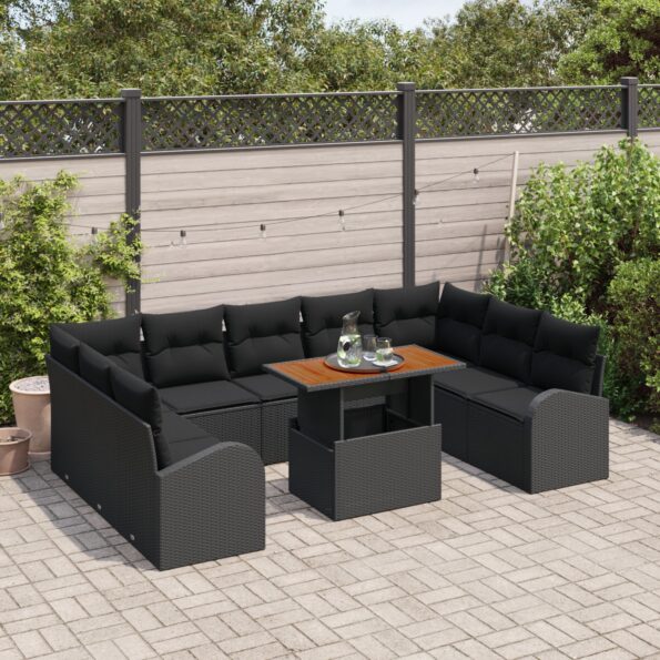 3349631_3.jpg vidaXL 10-dielna súprava s vankúšmi Čierny poly ratan Acacia – Obrázok 3
