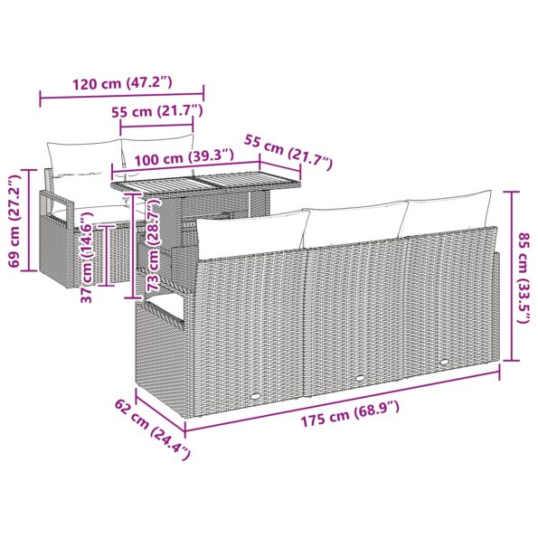 vidaXL 6-dielna súprava záhradného gauča s vankúšmi Čierny poly ratan Akácia – Obrázok 10