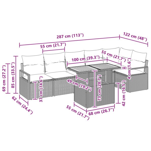 vidaXL 7-dielna súprava záhradných gaučov s vankúšmi Béžový Poly ratan Akácie – Obrázok 11