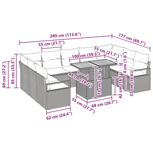 vidaXL 10-dielna záhradná súprava gaučov s vankúšmi béžová poly ratan akácia – Obrázok 11