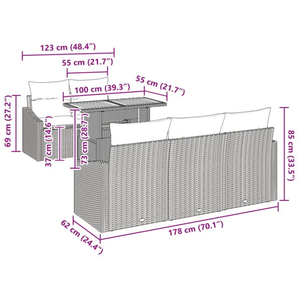vidaXL 6-dielna záhradná súprava s vankúšmi Sivý Polyratan Akácia – Obrázok 10