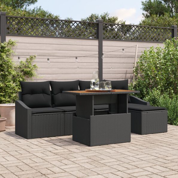 3349827_1.jpg vidaXL Záhradný jedálenský set so vankúšmi čierny poly ratan acacia – Obrázok 1