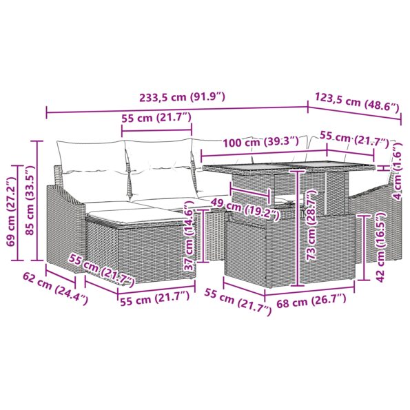 vidaXL 7-dielny záhradný jedálenský set s vankúšmi, Sivý poly ratan, Akácie – Obrázok 12