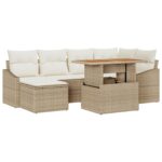 vidaXL 7-dielna záhradná jedálenská súprava s vankúšmi Béžová Poly ratan Akácia – Obrázok 2