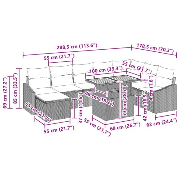 vidaXL 9-dielny záhradný jedálenský set s vankúšmi čierny poly ratan akácia – Obrázok 12