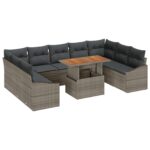 vidaXL 10-dielny záhradný jedálenský set s vankúšmi, sivý poly ratan, akácia – Obrázok 2