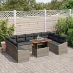 vidaXL 10-dielny záhradný jedálenský set s vankúšmi, sivý poly ratan, akácia – Obrázok 3