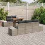 vidaXL 6-dielny záhradný jedálenský set s vankúšmi šedý poly ratan akácia – Obrázok 3