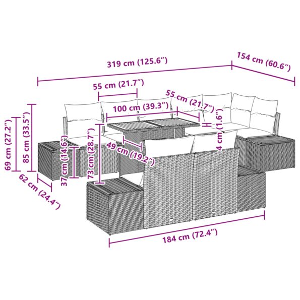 vidaXL 9-dielny záhradný jedálenský set s vankúšmi, čierny, poly ratan, akácia – Obrázok 11